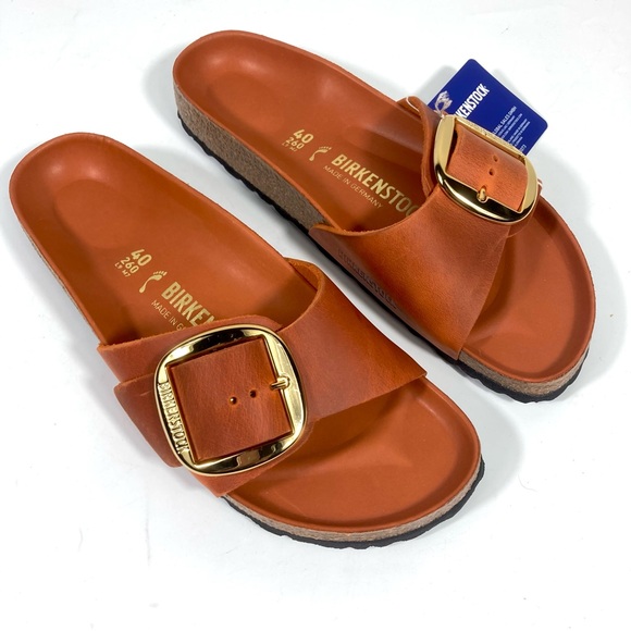 Birkenstock Shoes - Birkenstock Madrid Big Buckle Slide Sandals Oiled Leather Burnt Orange NEW